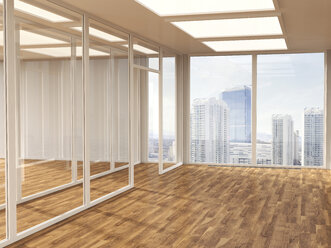 Empty conference room with parquet and glass partitions, 3D Rendering - UWF000584