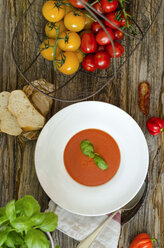 Dish of homemade tomato soup, slices of white bread and tomatoes on wood - ODF001183