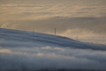 Germany, Saxony-Anhalt, Harz National Park, power pylons at atmospheric inversion in the evening - PVCF000501