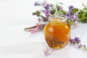 Glas mit Blütenhonig mit Waben und Blüten auf weißem Grund - CSF025977