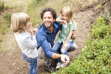 Vater mit zwei Kindern beim Sammeln von Heidelbeeren in der Natur - MFRF000278
