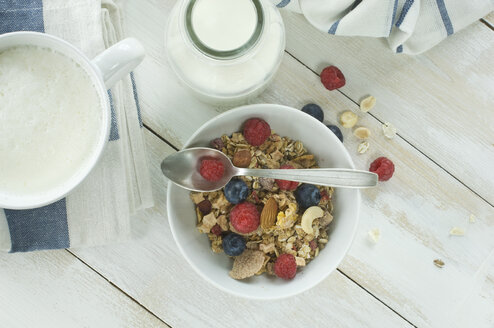 Frühstück mit Müsli und Obst, Cappuchino und Flasche Milch - ASF005665