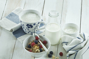 Breakfast with muesli and fruits, cappuchino and bottle of milk - ASF005663