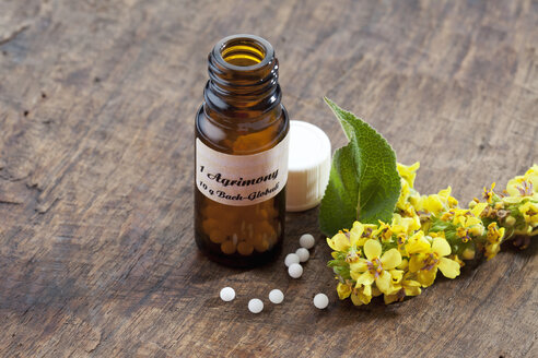 Flask with globules of agrimony and blossoms on wood - CSF026030