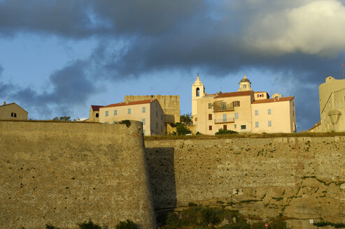 France, Corsica, Calvi, Haute Ville with citadel and fortress in evening light - LBF001165