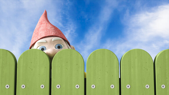 Garden gnome peeking over a green fence, 3D Rendering - AHUF000039