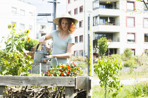 Junge Frau beim Gärtnern, Urban Gardening, Hochbeet, Bewässerung - SGF001824