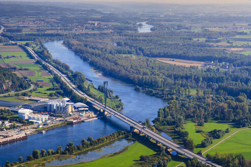 Germany, Bavaria, Deggendorf, Danube river, Isar river mouth, aerial view - PEDF000067