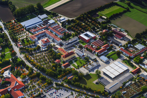 Germany, Bavaria, aerial view of Landshut, Schoenbrunn, academy of Landshut stock photo