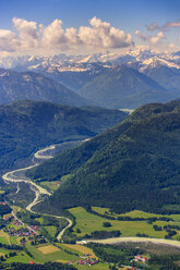 Germany, Bavaria, Aerial view of Lenggries with Isar river and the Alps - PEDF000074