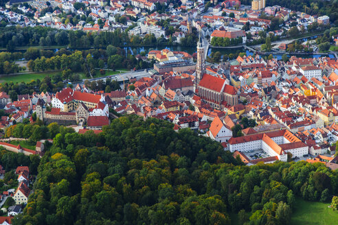 Germany, Bavaria, aerial view of Landshut and Trausnitz Castle - PEDF000004