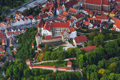 Germany, Bavaria, aerial view of Landshut and Trausnitz Castle stock photo