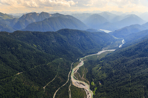 Germany, Bavaria, Aerial view of Sylvenstein storage lake and Alps - PEDF000032