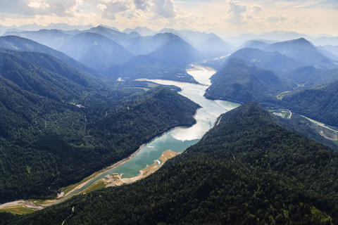 Germany, Bavaria, Aerial view of Sylvenstein storage lake and Alps stock photo