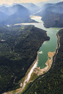 Germany, Bavaria, Aerial view of Sylvenstein storage lake and Alps - PEDF000035