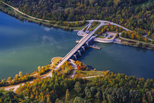 Germany, Bavaria, Isar river, Zulling, hydro plant, aerial view - PEDF000039