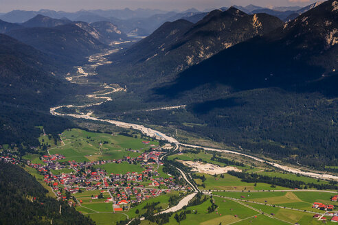 Germany, Bavaria, Aerial view of Wallgau and Alps - PEDF000102