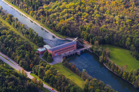 Germany, Bavaria, Landshut, Isar river, hydro plant Uppenborn, aerial view stock photo