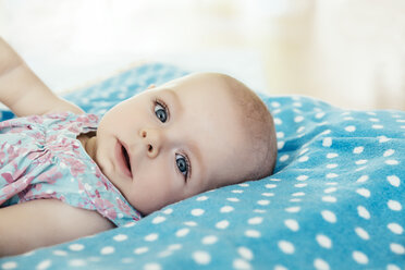 Portrait of baby girl lying on her back on dotted blanket - MFF001959