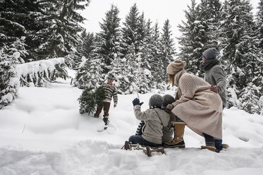 Österreich, Altenmarkt-Zauchensee, Mann mit Weihnachtsbaum und Familie zusammen im Winterwald - HHF005381