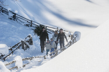 Austria, Altenmarkt-Zauchensee, man with family carrying Christmas tree in winter landscape - HHF005392