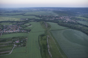 Germany, aerial view of Devil's Wall near Weddersleben at evening twilight - PVCF000538