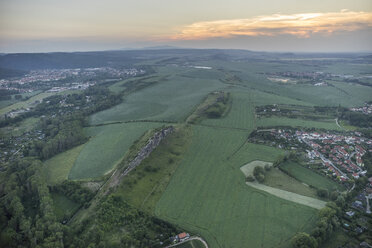 Germany, aerial view of Devil's Wall near Weddersleben at evening twilight - PVCF000540