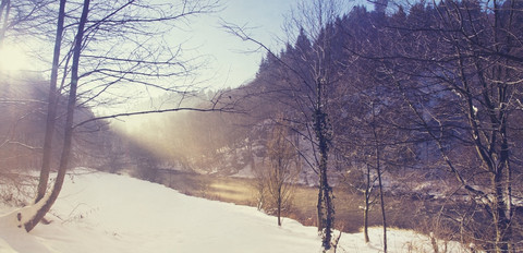 Wupperfeuchtgebiet bei Muengsten im Wintermorgen, Panorama, lizenzfreies Stockfoto