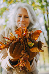 Woman holding autumn leaves in her hands - CHAF001149