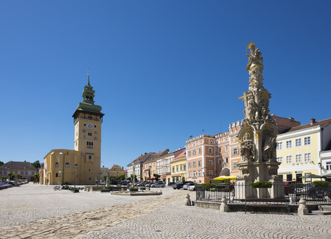 Austria, Lower Austria, Main Square, Townhall and Trinity Column stock photo