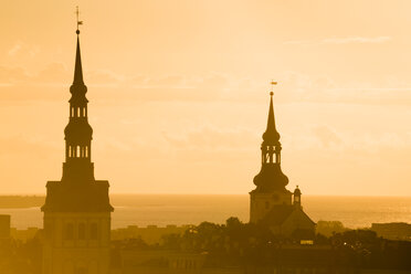 Estland, Tallinn, Kirchturmspitzen bei Sonnenuntergang - FCF000737