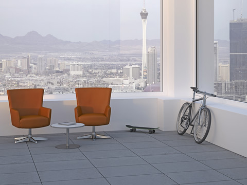 Moderner Besprechungsraum mit zwei Drehstühlen, Skateboard und Mountainbike, 3D Rendering, lizenzfreies Stockfoto