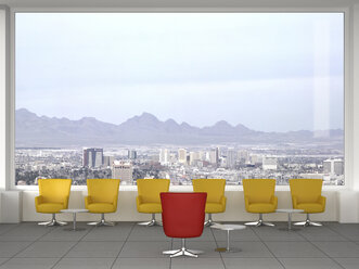 Moderner Konferenzraum mit Drehstühlen und Blick auf die Stadt, 3D Rendering - UWF000592