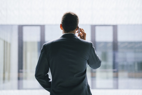 Rückansicht eines Geschäftsmannes beim Telefonieren, lizenzfreies Stockfoto