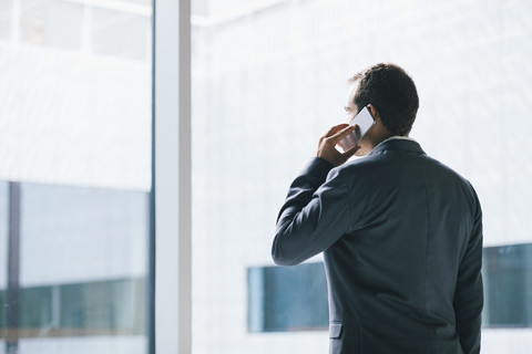 Rückansicht eines Geschäftsmannes beim Telefonieren, lizenzfreies Stockfoto