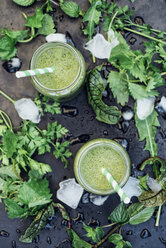 Two glasses of wild herb smoothie with apple, banana and lime juice - IPF000235