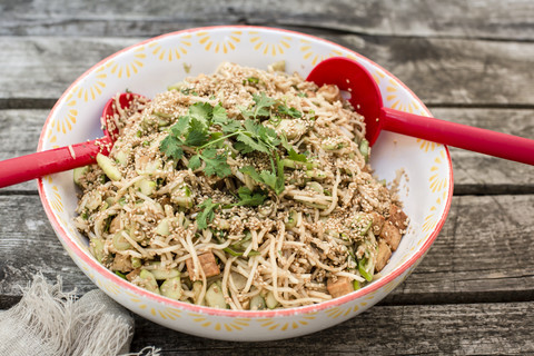 Otsu-Salat mit Soba-Nudeln, Tofu, Gurke, Sesam, Frühlingszwiebeln und Koriander in Schale, lizenzfreies Stockfoto