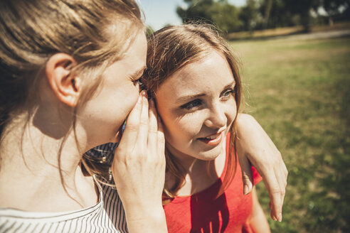 Two teenage girls whispering in park - AIF000047