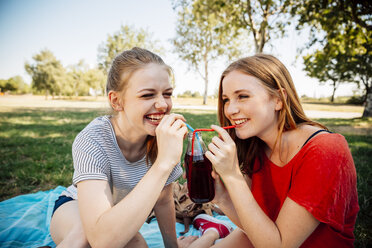 Two happy teenage girls sharing an ice tea in park - AIF000051