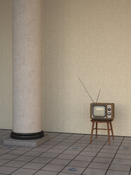 TV im Retrostil neben Säule auf gefliestem Boden, 3D Rendering - UWF000596