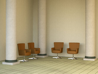 Vier Sessel stehen in einer Lobby zwischen Säulen, 3D Rendering - UWF000594