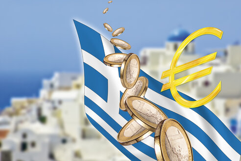 Symbolisches Bild, Griechenland, Grexit, Bankenkrise, Euro-Münzen, Flagge, Santorin im Hintergrund - CSF026238
