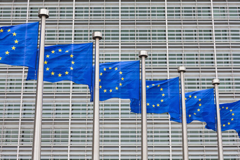 Belgium, Brussels, European Commission, European flags at Berlaymont building - WDF003172
