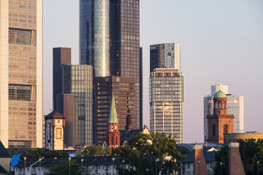 Germany, Hesse, Frankfurt, Langer Franz, St Nicholas Church, St Paul's Church in front of high-rise building, financial district in the morning - SIEF006737