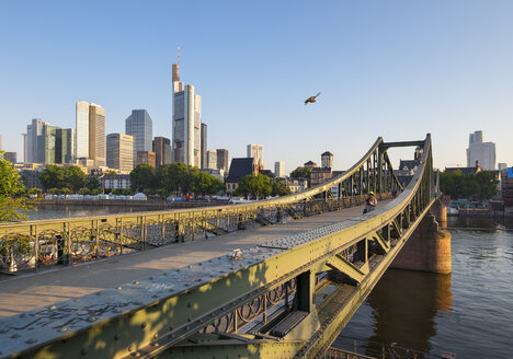 Germany, Hesse, Frankfurt, Financial district, Eiserner Steg bridge, Main river in the morning - SIE006741