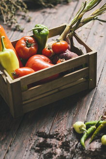 Paprika, Chilischoten, Tomaten, Zwiebeln und Bohnenkraut in einer Holzkiste - AKNF000018