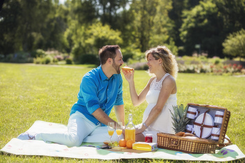 Glückliches Paar beim Picknick im Park, schwangere Frau, lizenzfreies Stockfoto