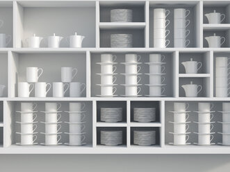 White shelf with dishes, 3D Rendering - UWF000600