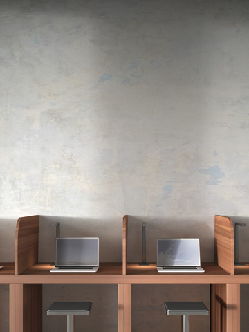 Zwei Arbeitsplätze mit Laptops, 3D-Rendering, lizenzfreies Stockfoto