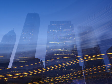 USA, Illinois, Chicago, High-rise buildings, blue hour, light reflexions - DISF002158